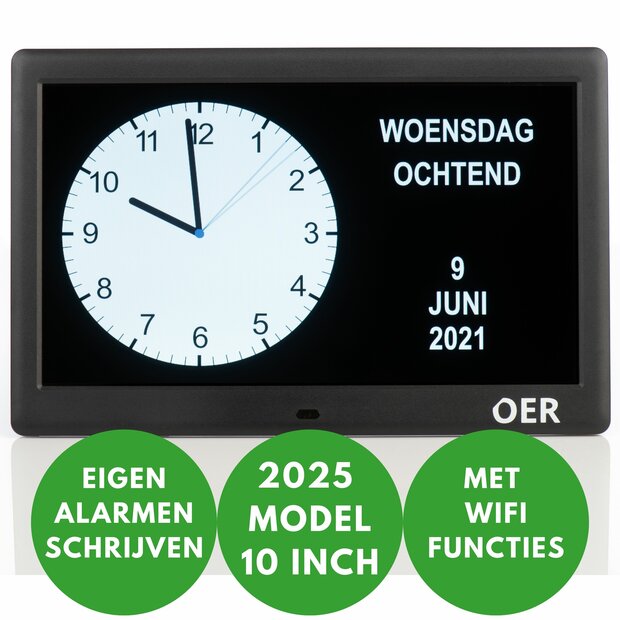 OER Dementieklok (digitaal en analoog in &eacute;&eacute;n) - 10 Inch - met Wifi Functie